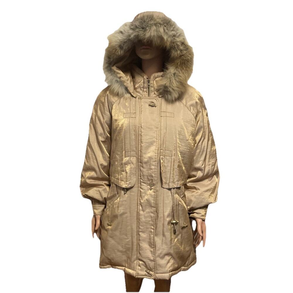 VINTAGE J. Gallery Down Coat Jacket Duck Feathers Size M Fox Fur Hood Gold